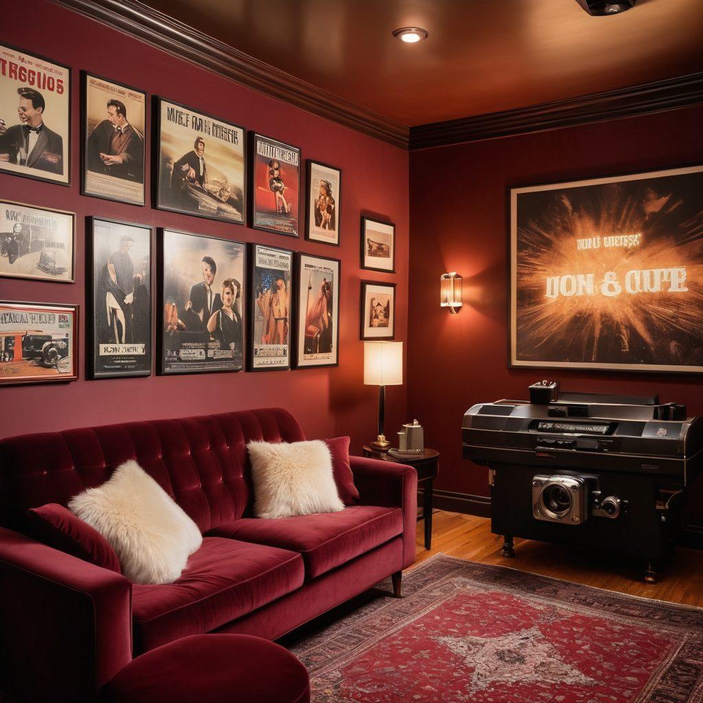 A captivating, intimate setting featuring a vintage film projector casting silvery light on a wall filled with classic adult film posters, hinting at nostalgia and allure. Include plush velvet seating with rich burgundy colors, soft dim lighting creating an ambiance of desire, and a modern touch of tech gadgets discreetly placed. Incorporate elements like a laptop with enticing thumbnails and blurred silhouettes in the background. super-realistic. warm tones. cinematic atmosphere.