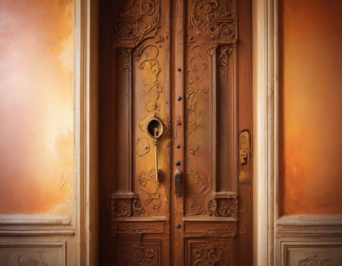 A mysterious key unlocking an ornate door, with ethereal light spilling out, symbolizing fantasies being revealed. Surrounding the door are subtle hints of adult themes represented through playful silhouettes and abstract patterns, creating an inviting atmosphere. The background features a dreamy, soft-focus landscape with warm, alluring colors. super-realistic. vibrant colors. ethereal lighting.